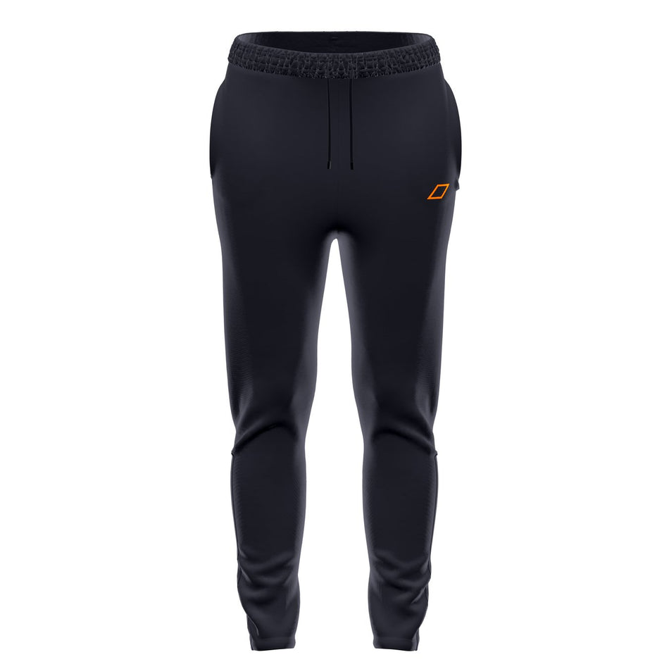 The Grays GTS Women's Training Trousers are black slim-fit joggers with an elastic waistband, drawstring, and small orange geometric logo on the left thigh. These Grays pants feature side pockets and are shown against a white background.