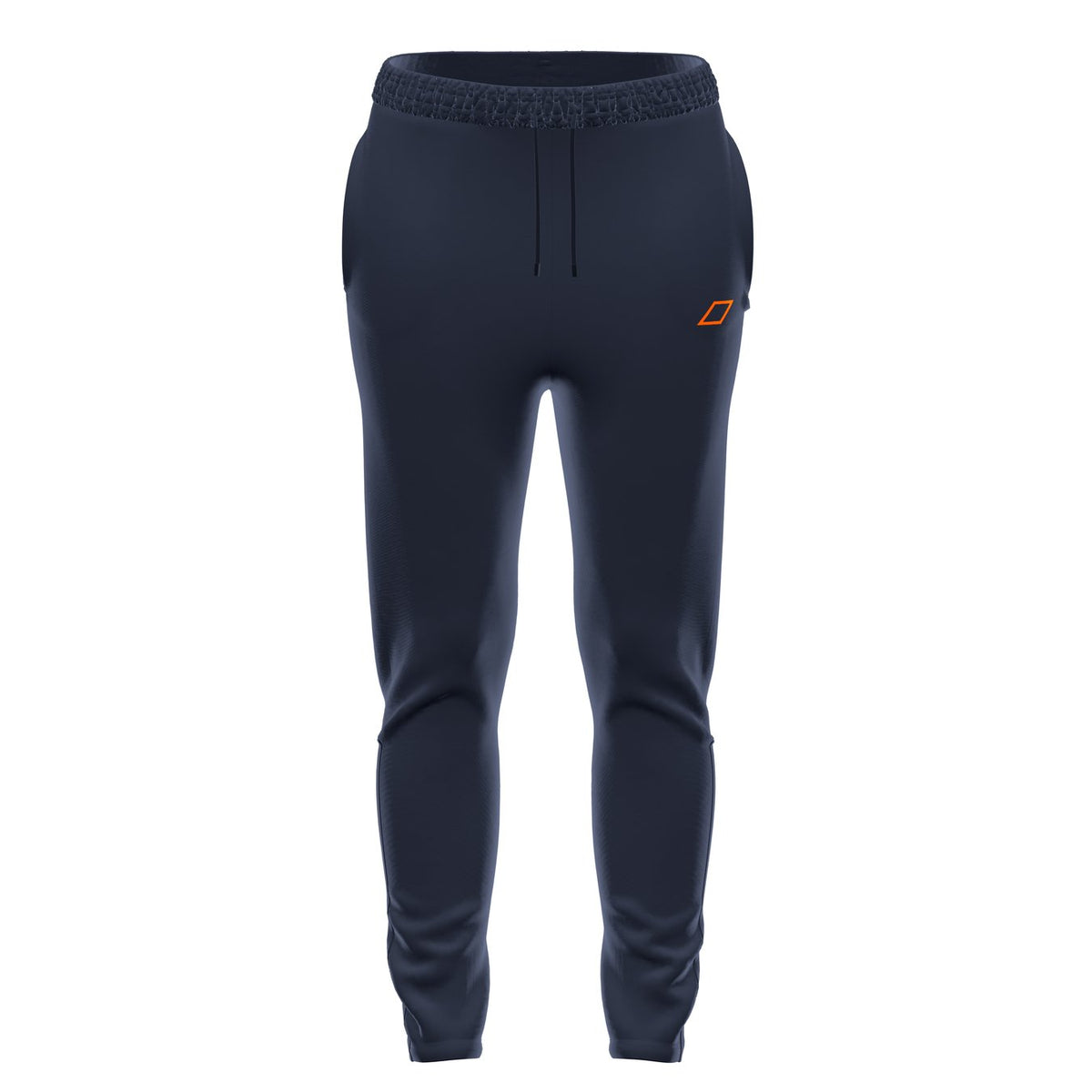 Grays GTS Womens Training Trousers in Dark Navy feature a slim fit, elastic waistband with drawstring, side pockets, and a small orange logo on the upper left thigh. Designed for performance by Grays and shown on a plain white background.