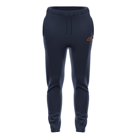 Grays GTS Womens Training Trousers in Dark Navy feature a slim fit, elastic waistband with drawstring, side pockets, and a small orange logo on the upper left thigh. Designed for performance by Grays and shown on a plain white background.