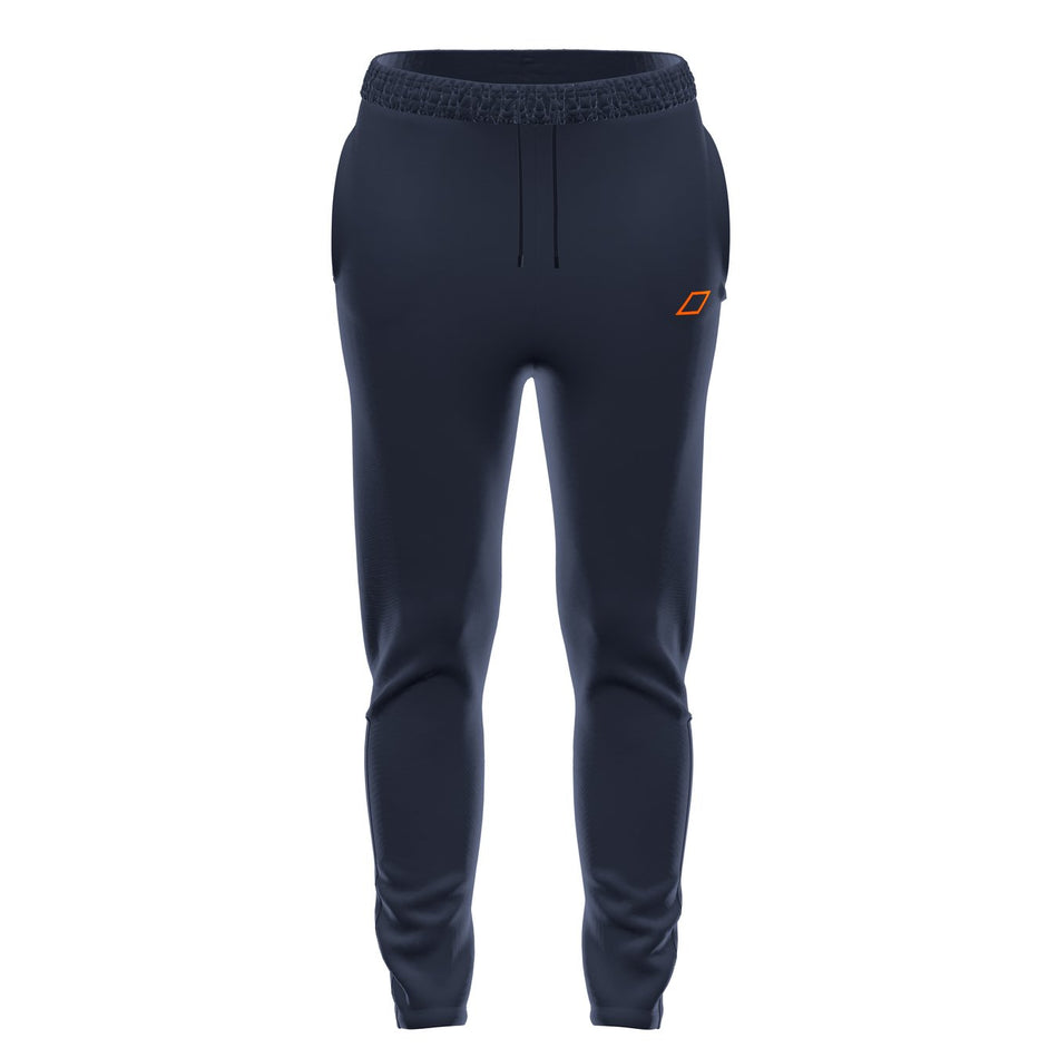 Grays GTS Womens Training Trousers in Dark Navy feature a slim fit, elastic waistband with drawstring, side pockets, and a small orange logo on the upper left thigh. Designed for performance by Grays and shown on a plain white background.
