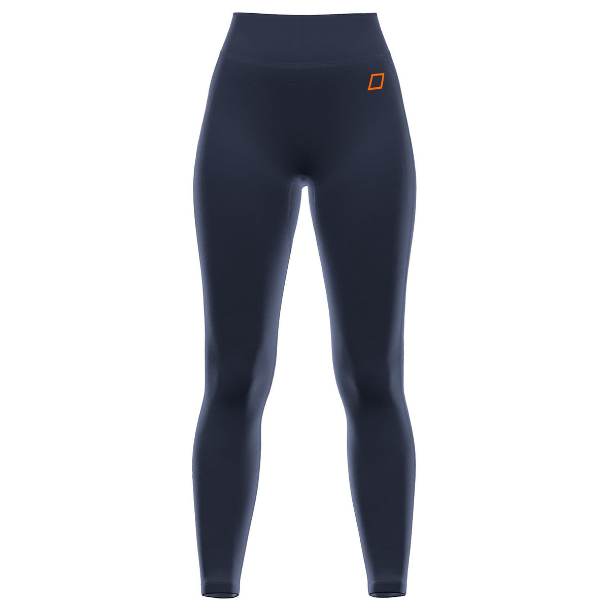 The Grays GTS Womens Hockey Leggings by Grays are dark navy high-waisted leggings with a fitted silhouette and a small orange rectangular logo on the left hip, inspired by performance sportswear and shown against a plain white background.