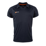 The Grays Axis 750 Hockey Shirt is a black, short-sleeved athletic top with raglan sleeves, a collar with an orange inner accent, subtle textured shoulder patterns, and the Grays logo in white and orange on the left chest.