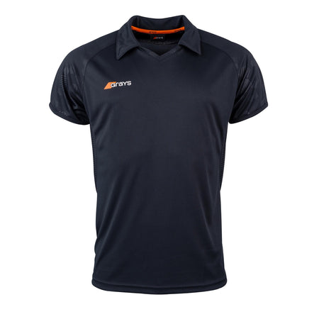 The Grays Axis 750 Hockey Shirt is a black, short-sleeved athletic top with raglan sleeves, a collar with an orange inner accent, subtle textured shoulder patterns, and the Grays logo in white and orange on the left chest.