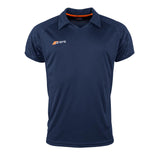 The Grays Axis 750 Hockey Shirt is a dark navy short-sleeve polo with a collar, subtle mesh panel sleeves, and the Grays logo in white and orange on the left chest for stylish, athletic comfort.