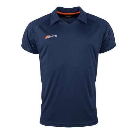 The Grays Axis 750 Hockey Shirt is a dark navy short-sleeve polo with a collar, subtle mesh panel sleeves, and the Grays logo in white and orange on the left chest for stylish, athletic comfort.