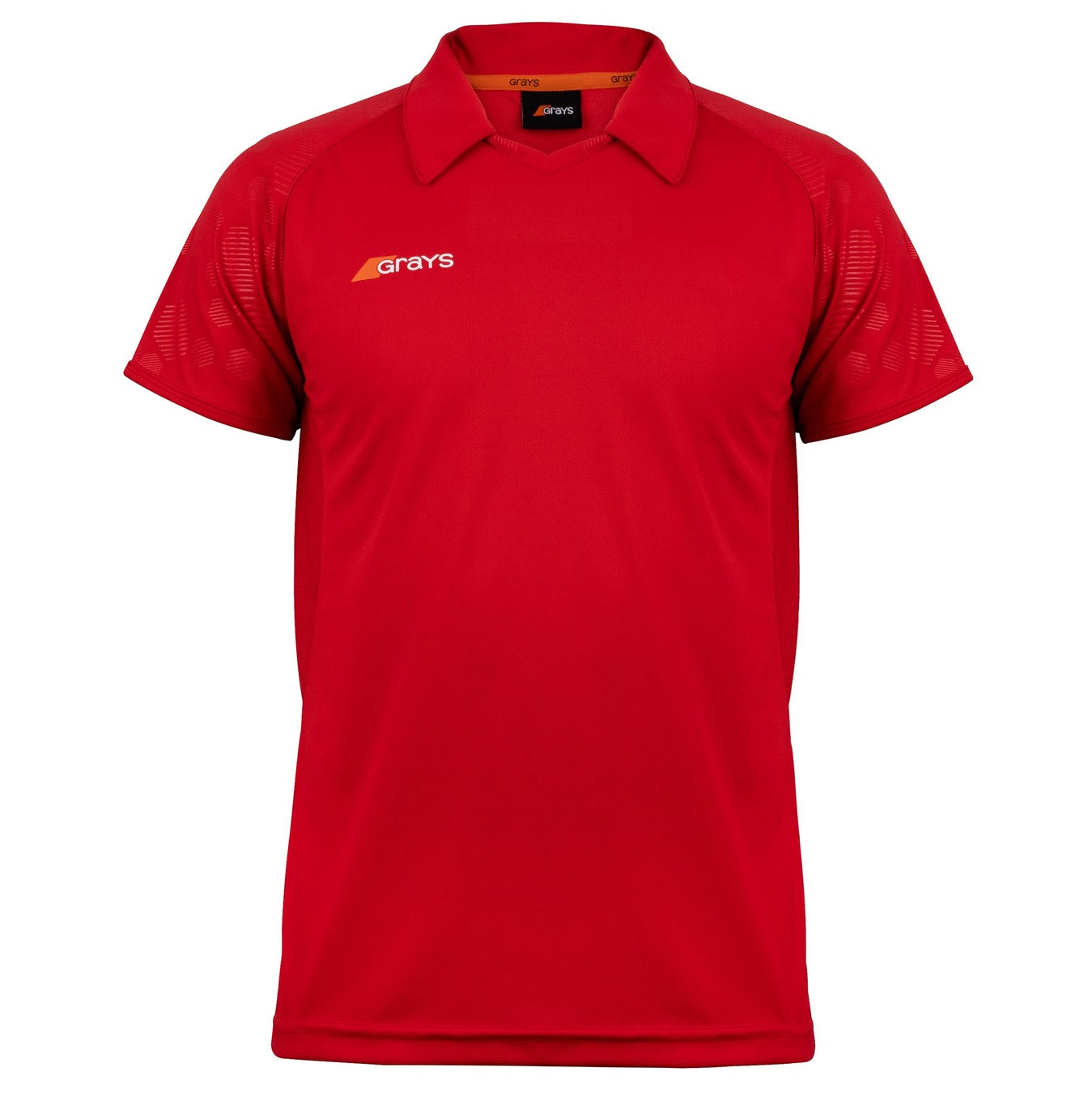 The Grays Axis 750 Hockey Shirt is a red V-neck sports shirt with short raglan sleeves, a collar, and the Grays logo in orange and white on the left chest. It features subtle patterned sleeves and mesh panels for breathability. Displayed on white background.