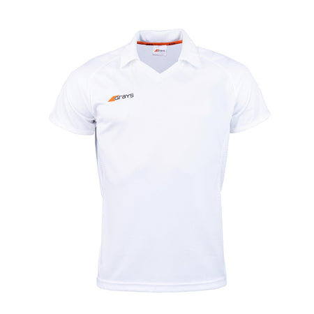 The Grays Axis 750 Hockey Shirt is a white V-neck sports shirt with short sleeves, a collar, and a small Grays logo on the left chest, shown on a white background.