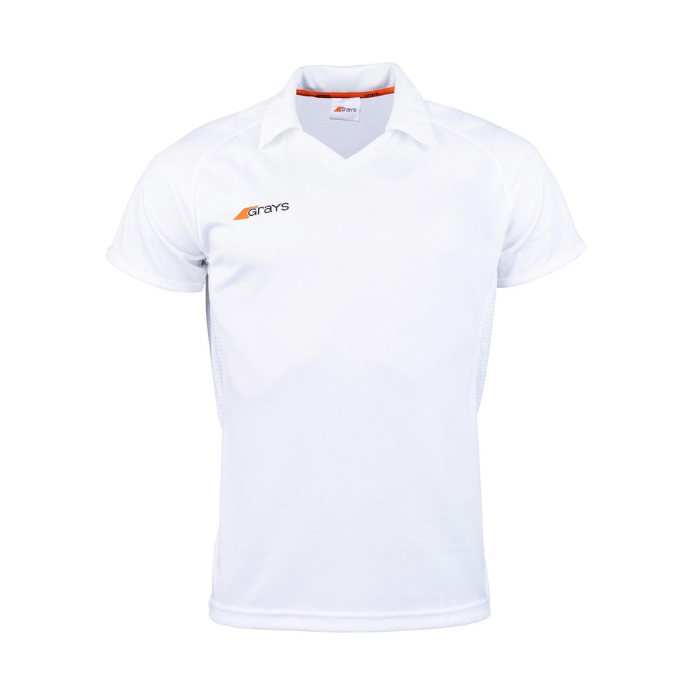 The Grays Axis 750 Hockey Shirt is a white V-neck sports shirt with short sleeves, a collar, and a small Grays logo on the left chest, shown on a white background.