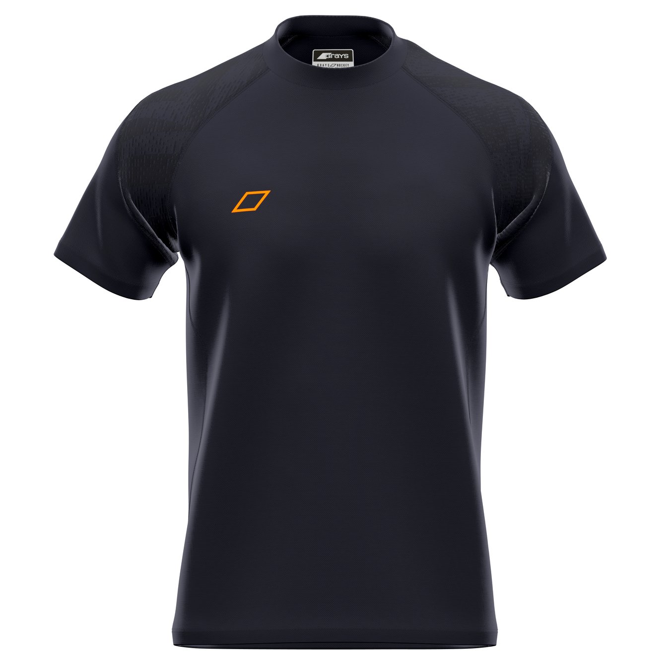 The Grays GTS Mens S/S Tee Shirt is a black technical performance t-shirt featuring dark raglan sleeves and a small orange geometric logo on the left chest. The product is shown against a white background.