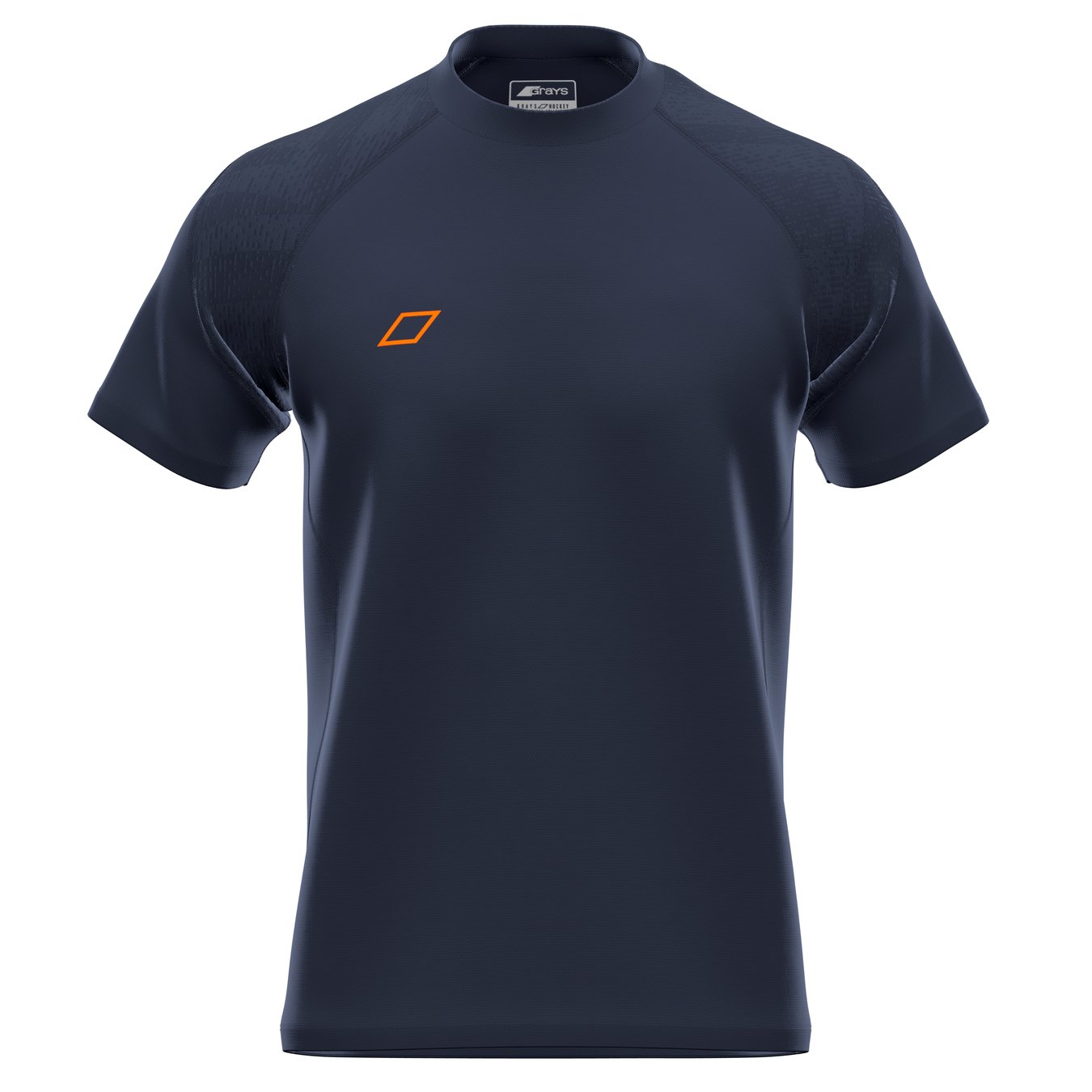 The Grays GTS Mens S/S Tee Shirt in dark navy features a small orange geometric logo on the left chest and textured shoulder details. Made from technical fabric by Grays, the shirt is shown against a plain white background.