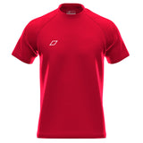 The Grays GTS Mens Short-Sleeve Tee Shirt in red features a small white geometric logo on the left chest, a round neckline, and is made from technical fabric. Brand: Grays. Displayed on a white background.