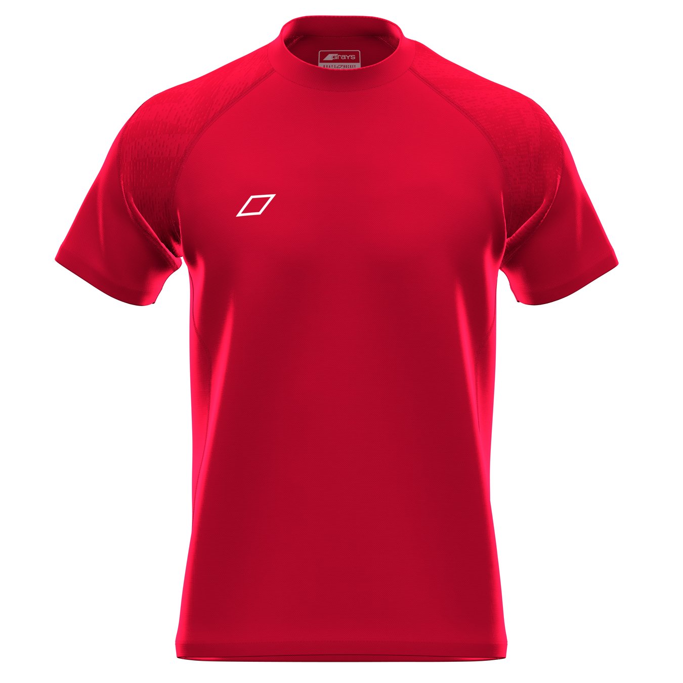 The Grays GTS Mens Short-Sleeve Tee Shirt in red features a small white geometric logo on the left chest, a round neckline, and is made from technical fabric. Brand: Grays. Displayed on a white background.