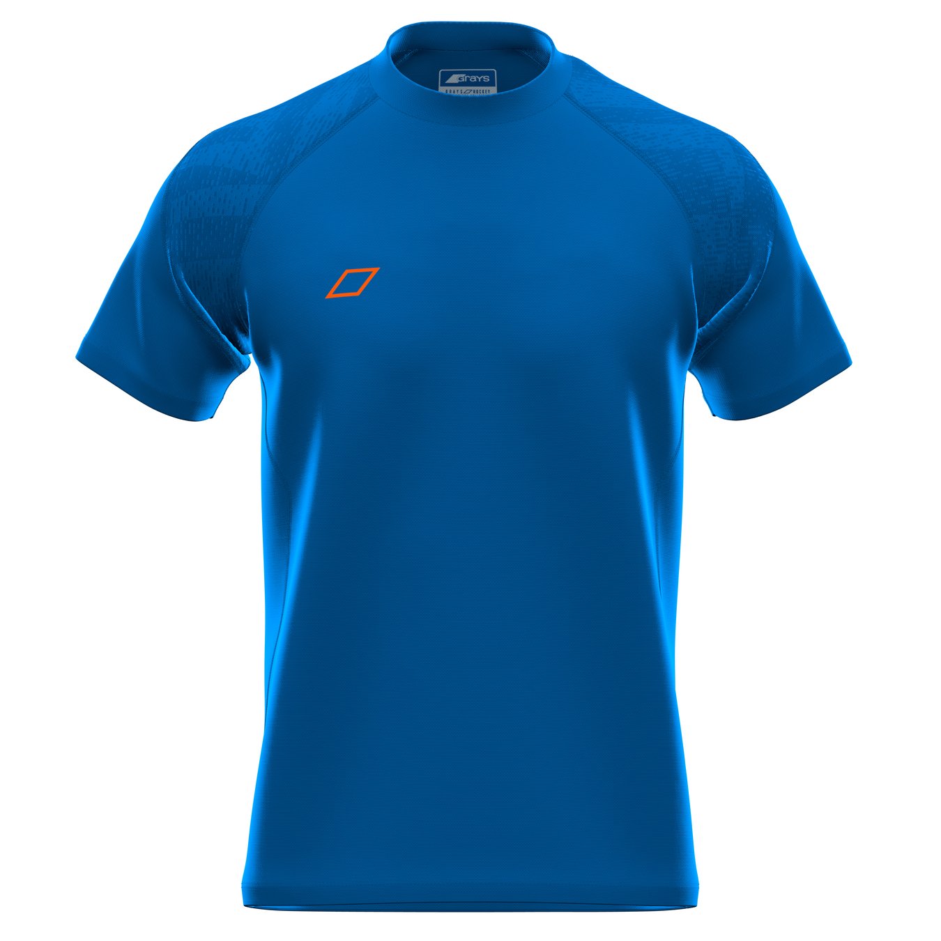 The Grays GTS Mens S/S Tee Shirt is a royal blue, short-sleeve performance top with a crew neck, subtle textured shoulder details, and a small orange logo on the left chest—ideal for hockey.