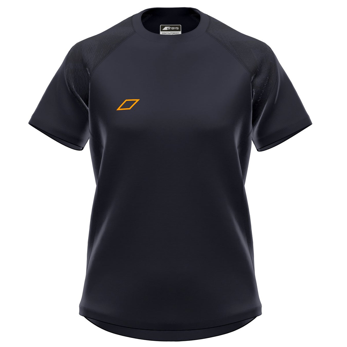 The Grays GTS Womens S/S Tee Shirt is a black, short-sleeve athletic top made from technical fabric with a small orange geometric logo on the left chest; part of the Grays Team Series, shown on a white background.