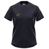 The Grays GTS Womens S/S Tee Shirt is a black, short-sleeve athletic top made from technical fabric with a small orange geometric logo on the left chest; part of the Grays Team Series, shown on a white background.