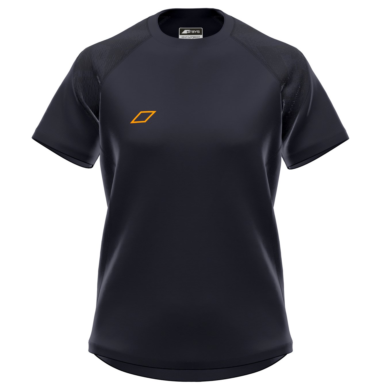 The Grays GTS Womens S/S Tee Shirt is a black, short-sleeve athletic top made from technical fabric with a small orange geometric logo on the left chest; part of the Grays Team Series, shown on a white background.