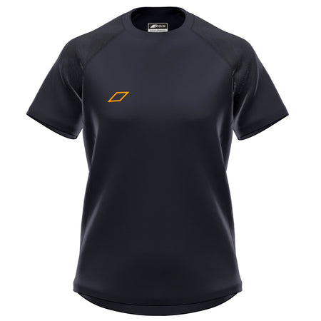The Grays GTS Womens S/S Tee Shirt is a black, short-sleeve athletic top made from technical fabric with a small orange geometric logo on the left chest; part of the Grays Team Series, shown on a white background.