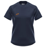 The Grays GTS Womens S/S Tee Shirt in dark navy features a small orange geometric logo on the left chest, technical sports fabric for comfort, and a slightly curved hem—ideal for hockey. Part of the Grays Team Series.