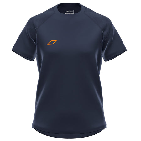 The Grays GTS Womens S/S Tee Shirt in dark navy features a small orange geometric logo on the left chest, technical sports fabric for comfort, and a slightly curved hem—ideal for hockey. Part of the Grays Team Series.