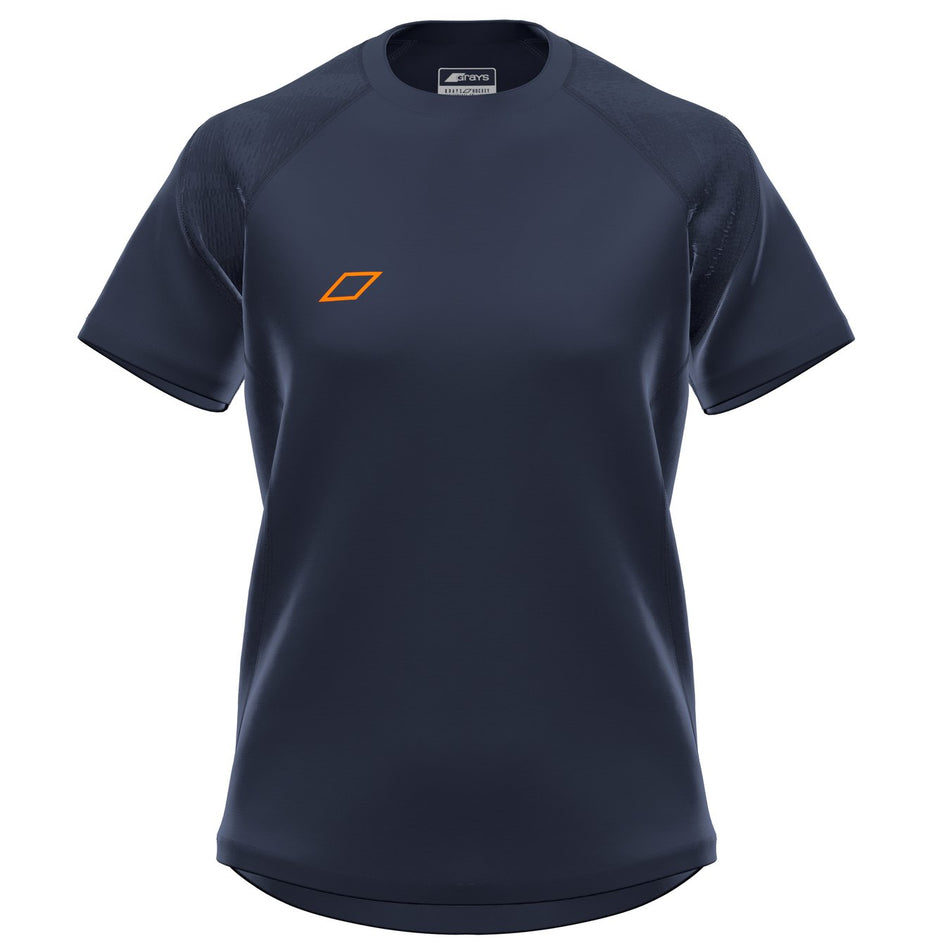 The Grays GTS Womens S/S Tee Shirt in dark navy features a small orange geometric logo on the left chest, technical sports fabric for comfort, and a slightly curved hem—ideal for hockey. Part of the Grays Team Series.