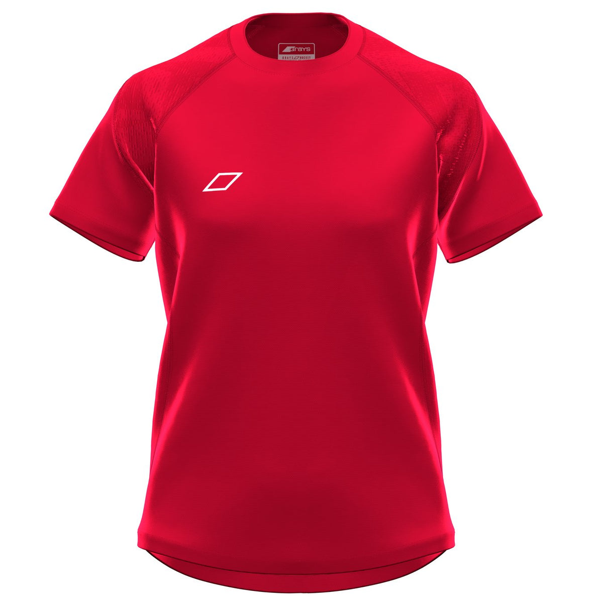 The Grays GTS Womens S/S Tee Shirt is a red short-sleeve performance top featuring a small white geometric logo on the left chest, textured shoulders, and made from technical sports fabric. Brand: Grays. Color: Red. Displayed on a white background.