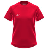 The Grays GTS Womens S/S Tee Shirt is a red short-sleeve performance top featuring a small white geometric logo on the left chest, textured shoulders, and made from technical sports fabric. Brand: Grays. Color: Red. Displayed on a white background.