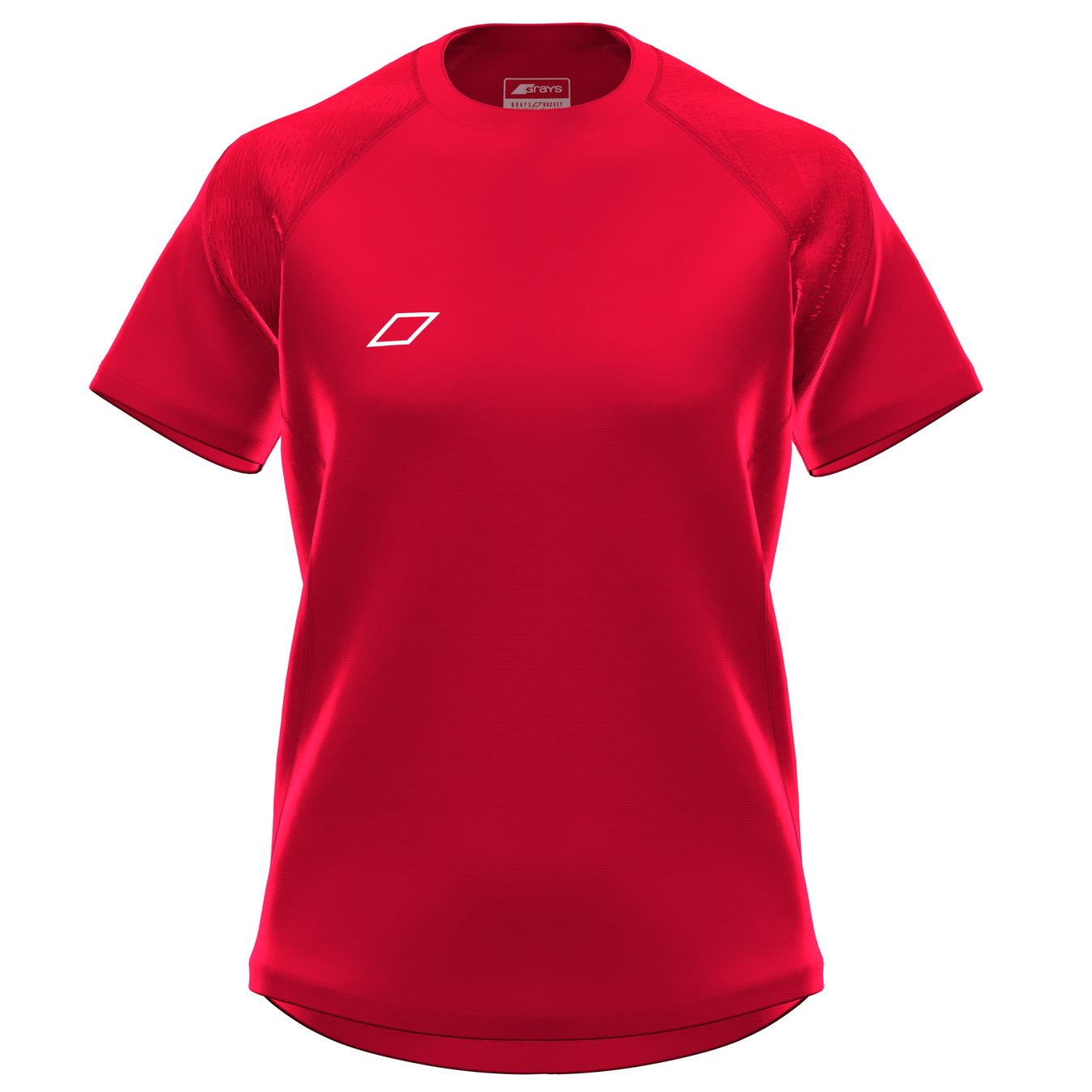 The Grays GTS Womens S/S Tee Shirt is a red short-sleeve performance top featuring a small white geometric logo on the left chest, textured shoulders, and made from technical sports fabric. Brand: Grays. Color: Red. Displayed on a white background.