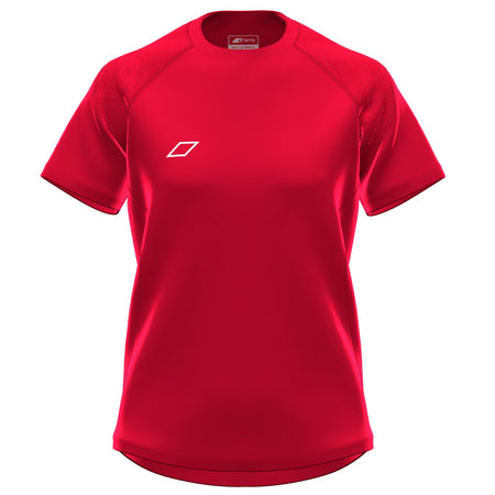 The Grays GTS Womens S/S Tee Shirt is a red short-sleeve performance top featuring a small white geometric logo on the left chest, textured shoulders, and made from technical sports fabric. Brand: Grays. Color: Red. Displayed on a white background.