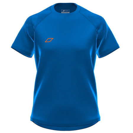The Grays GTS Womens S/S Tee Shirt by Grays is a royal blue short-sleeve hockey performance top featuring a small orange geometric chest logo and textured shoulder details, made from technical sports fabric. Part of the Team Series, shown on a white background.