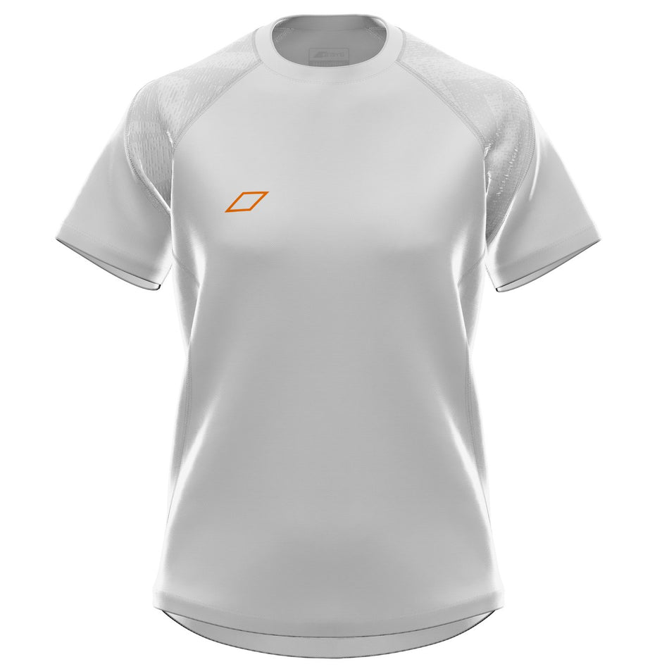 The Grays GTS Womens S/S Tee Shirt is a white athletic top with subtle shoulder mesh, an orange geometric logo, and technical sports fabric for comfort—part of the Grays Team Series.