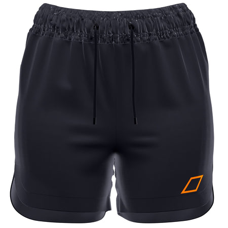 Grays GTS Womens Hockey Shorts by Grays feature lightweight black fabric, elastic waistband with black drawstrings, a small orange geometric logo on the left leg, modern design, and subtle seam detailing for performance.