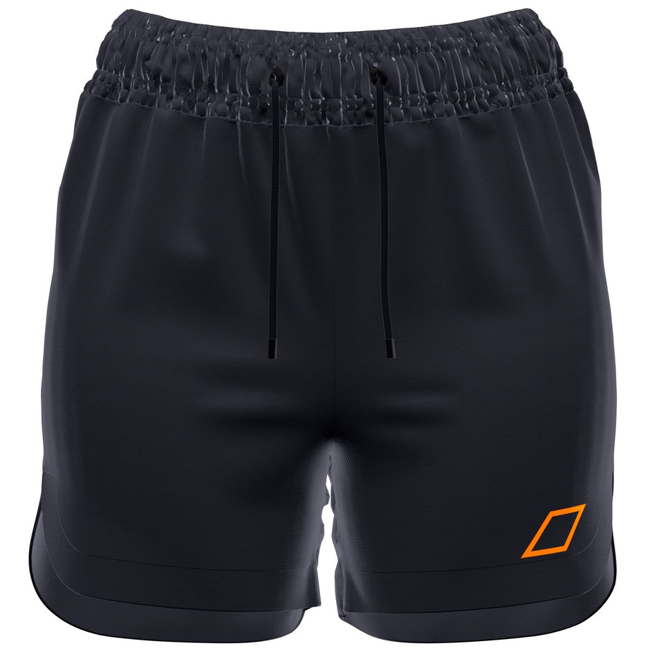 Grays GTS Womens Hockey Shorts by Grays feature lightweight black fabric, elastic waistband with black drawstrings, a small orange geometric logo on the left leg, modern design, and subtle seam detailing for performance.