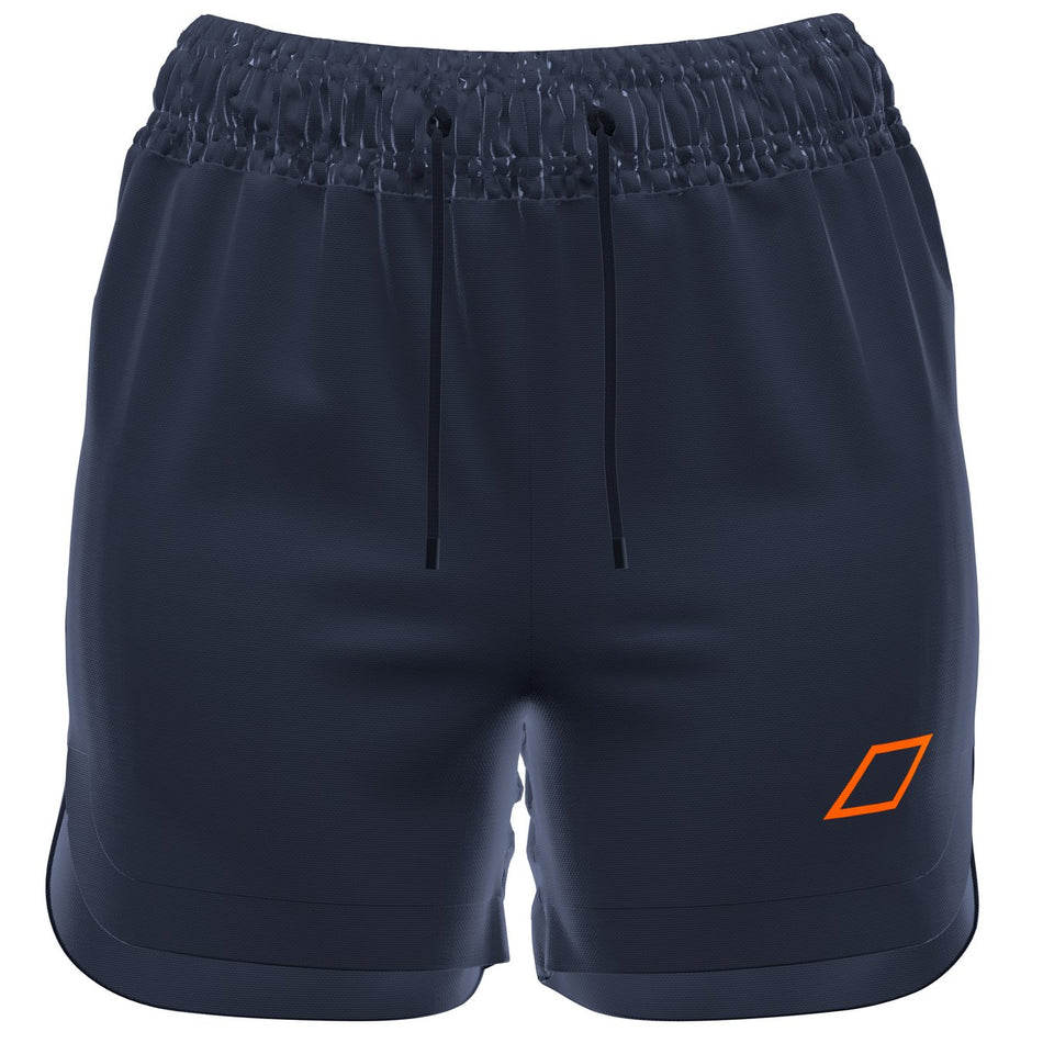 Grays GTS Womens Hockey Shorts by Grays in dark navy with elastic waistband, black drawstrings, and an orange geometric logo on the lower left leg. These lightweight shorts have a smooth texture and rounded hems for comfort.