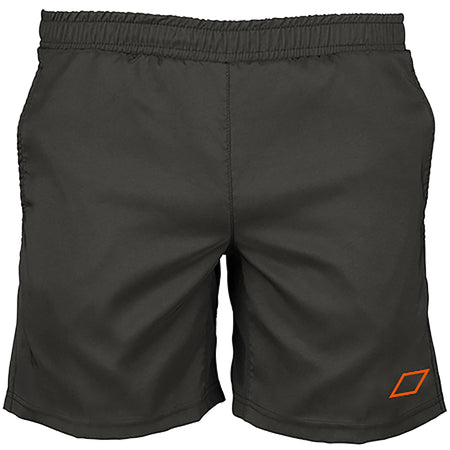Grays Mens Axis Halo Hockey Short in black lightweight woven fabric with an elasticated waistband and an orange geometric logo on the lower right leg.