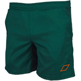 Grays Mens Axis Halo Hockey Short in dark green, made from lightweight woven fabric with an elastic waistband and an orange geometric logo on the lower left leg.