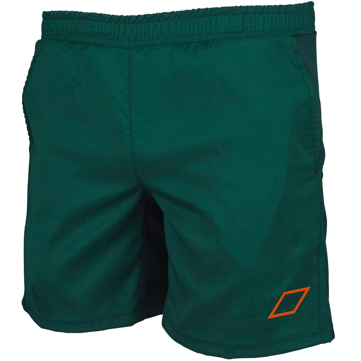 Grays Mens Axis Halo Hockey Short in dark green, made from lightweight woven fabric with an elastic waistband and an orange geometric logo on the lower left leg.