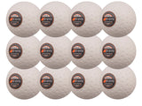 The Grays Astrotec 12 Ball Pack by Grays features twelve white dimpled hockey balls with orange-black logos, arranged in a 4x3 grid on a white background, ideal for synthetic pitches.