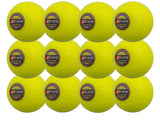 The Grays Astrotec 12 Ball Pack features twelve bright yellow dimpled PVC hockey balls, each with the Grays logo, arranged in a 3x4 grid—perfect for synthetic pitches.