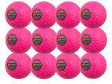 The Grays Astrotec 12 Ball Pack includes twelve bright pink dimpled PVC hockey balls for synthetic pitches, each displaying the black and orange Grays logo, neatly arranged in a 4x3 grid.
