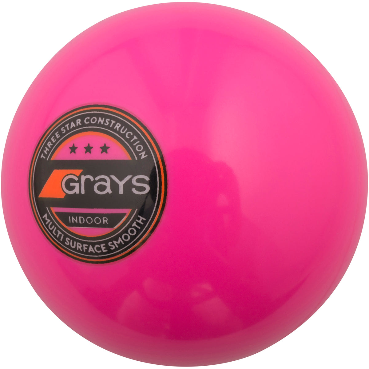 The Grays Indoor Hockey Ball is a bright pink indoor field hockey ball featuring the black and orange Grays logo, marked "3-Star construction, Multi Surface Smooth" on the side.