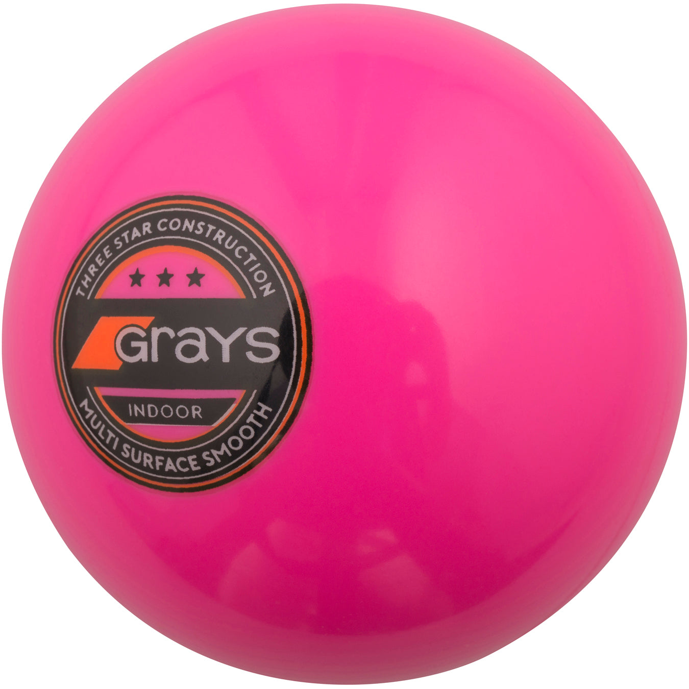 The Grays Indoor Hockey Ball is a bright pink indoor field hockey ball featuring the black and orange Grays logo, marked "3-Star construction, Multi Surface Smooth" on the side.