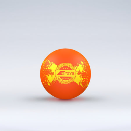 The Grays Novelty Hockey Ball 2026 features a vibrant orange design with yellow splashes, 3-star construction, and a central logo—perfect for hockey players who value quality performance. Brand: Grays.
