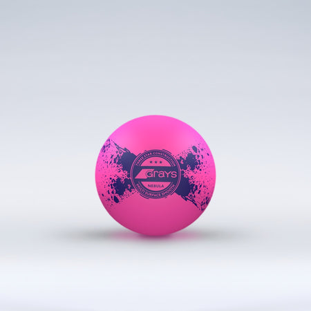 The Grays Novelty Hockey Ball 2026 is a bright pink ball with black abstract patterns, featuring the Grays logo and 3 star construction, shown against a light gray background.