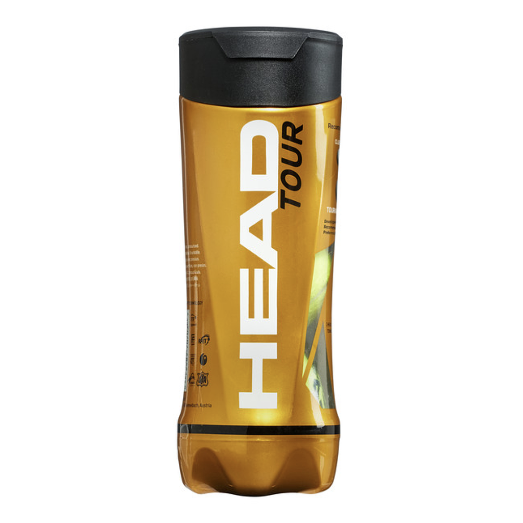 A tube of 3 Head Tour Tennis Balls in a yellow cylindrical container with a black lid, featuring large vertical white HEAD branding and Encore technology for enhanced spin and control.
