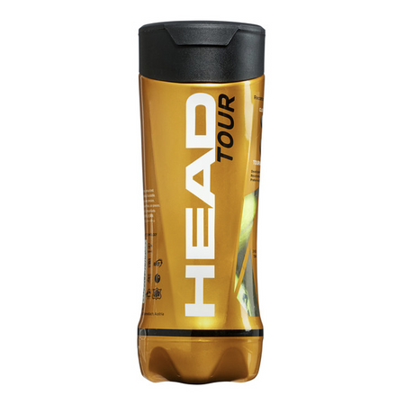 A tube of 3 Head Tour Tennis Balls in a yellow cylindrical container with a black lid, featuring large vertical white HEAD branding and Encore technology for enhanced spin and control.