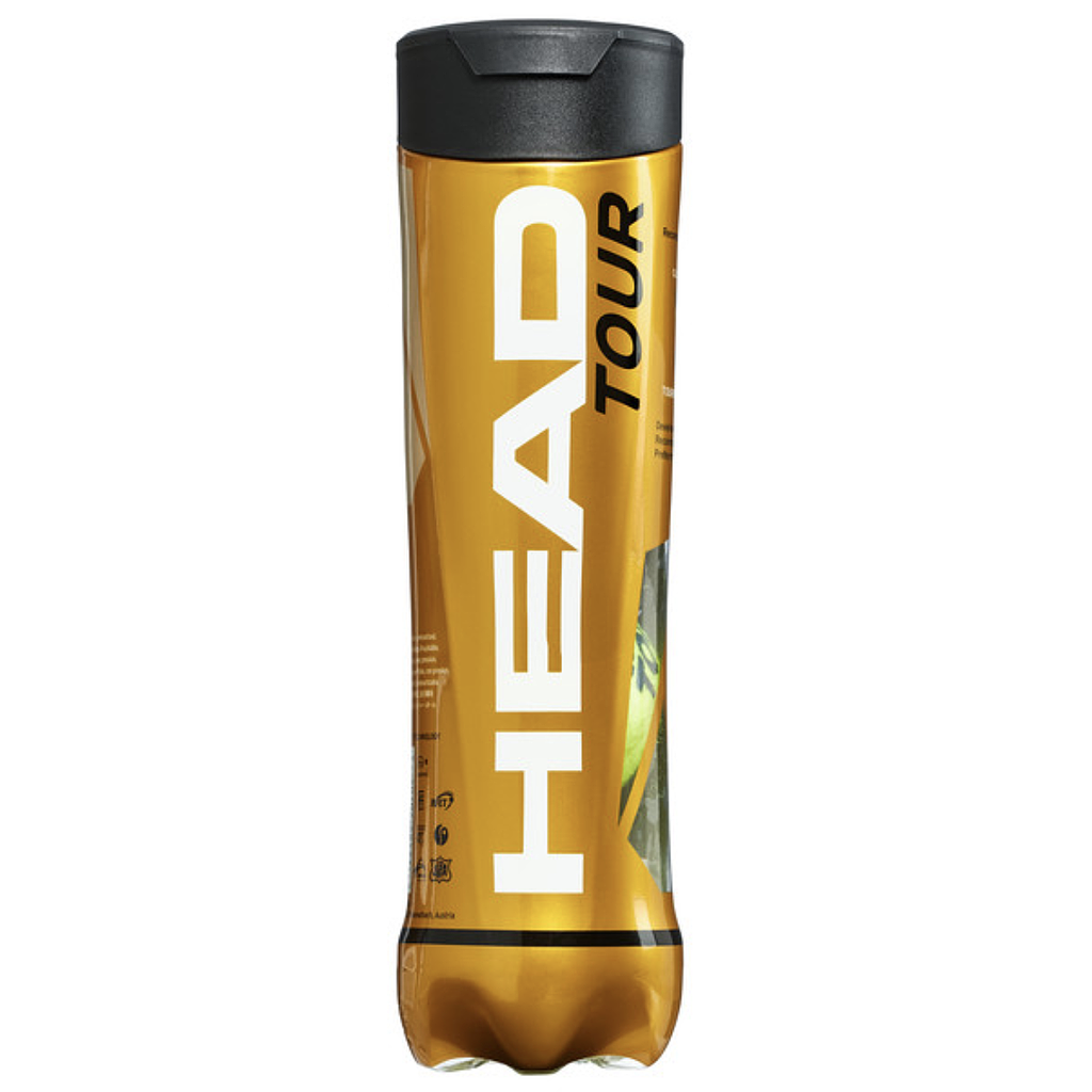 A gold cylindrical canister with a black lid, labeled HEAD TOUR, contains 4 Head Tour Tennis Balls by Head, designed for spin and control.