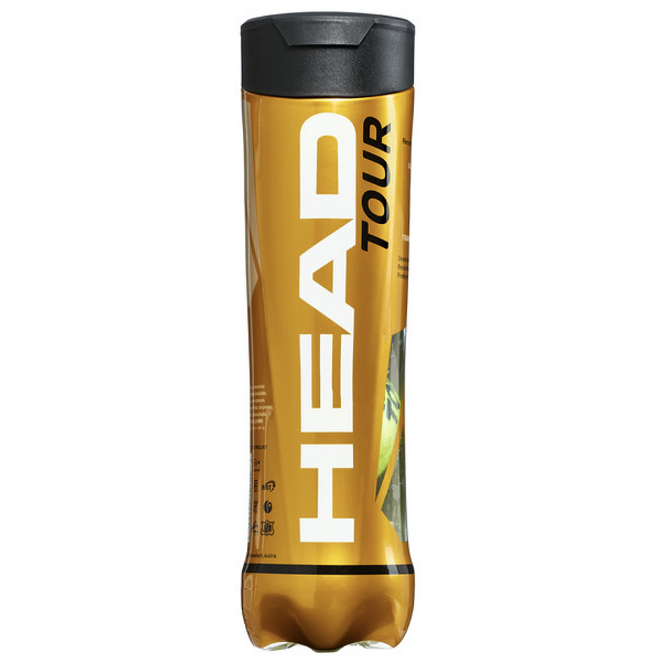 A gold cylindrical canister with a black lid, labeled HEAD TOUR, contains 4 Head Tour Tennis Balls by Head, designed for spin and control.