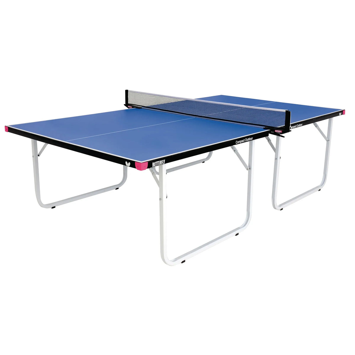 A Butterfly Compact Outdoor 10 Wheelaway Table Tennis Table, in blue, featuring a black and white Butterfly Outdoor net and post set and supported by sturdy white metal legs, is shown on a plain white background.