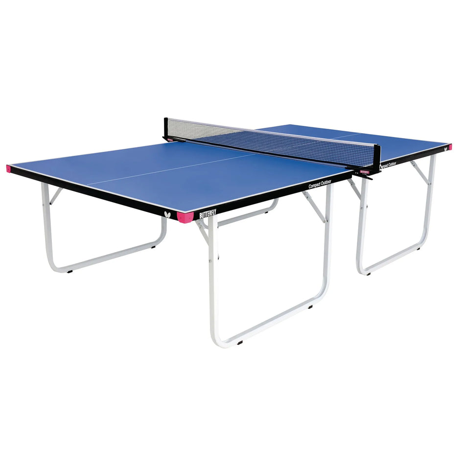 A Butterfly Compact Outdoor 10 Wheelaway Table Tennis Table, in blue, featuring a black and white Butterfly Outdoor net and post set and supported by sturdy white metal legs, is shown on a plain white background.