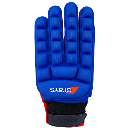 The Grays International Pro Hockey Glove features navy and fluo red colors, a padded full-finger design, lycra palm, black wrist strap, and showcases the Grays name with an orange triangle logo on the back for style and visibility.